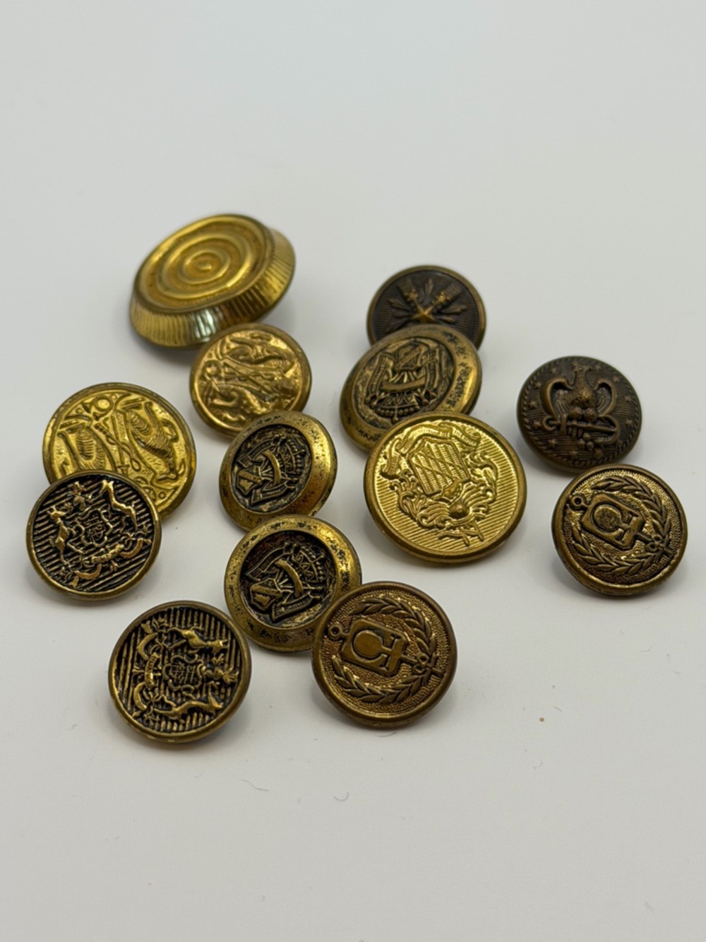 12 Rare Antique Gold Brass Military Collectable 1800 Buttons- almost a STEAL.